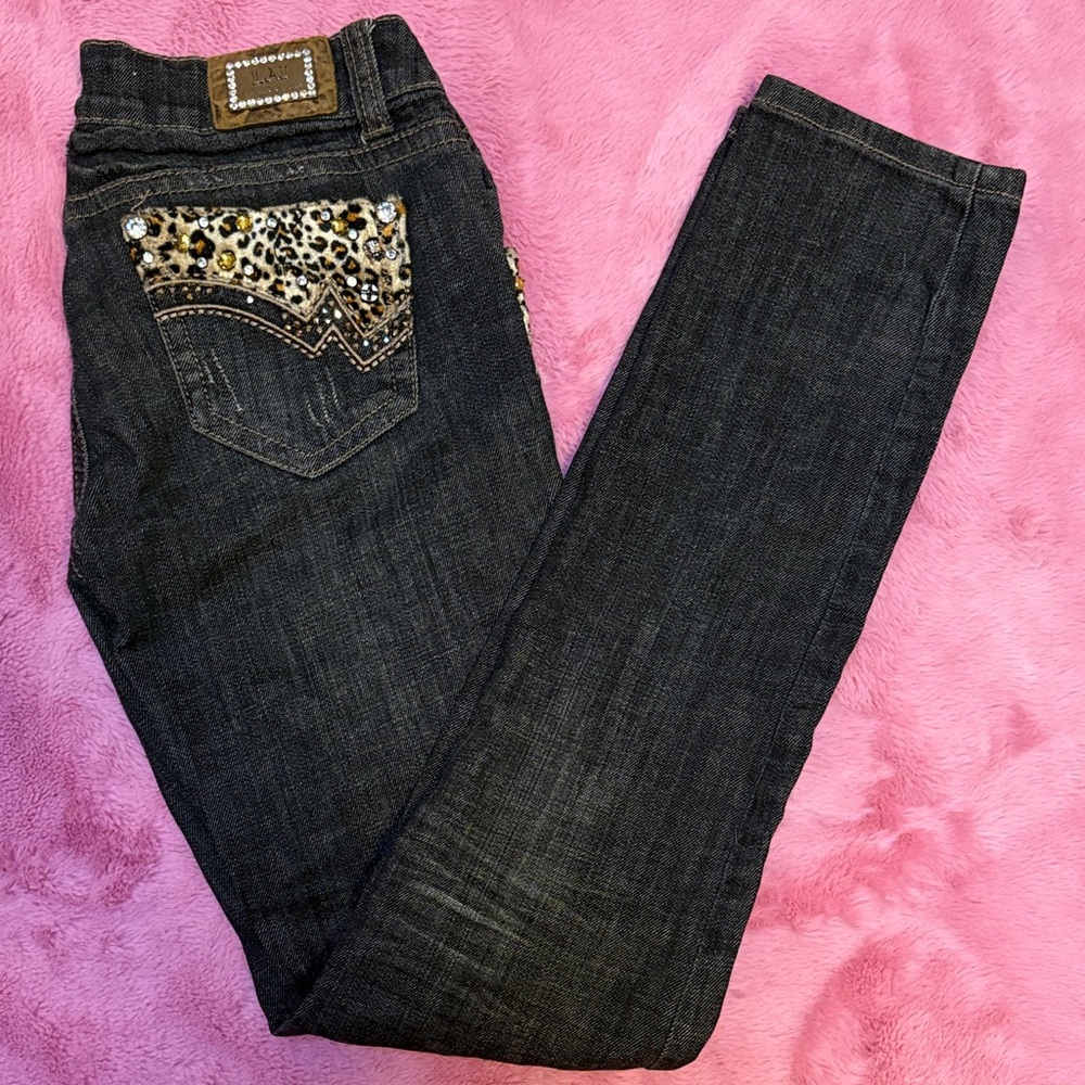 L.A. Idol Dark Blue Skinny Jeans with Leopard and Rhinestone Embellishments